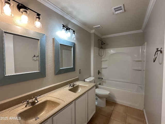 full bathroom with toilet, tile patterned flooring, crown molding, shower / bath combination, and a textured ceiling