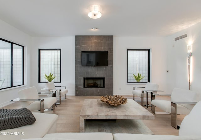 living room with light hardwood / wood-style floors and a fireplace