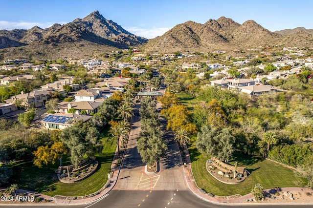 drone / aerial view featuring a mountain view