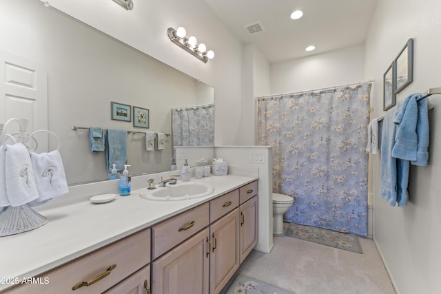 bathroom with toilet, recessed lighting, a shower with shower curtain, vanity, and visible vents