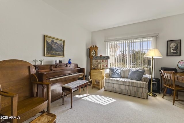 sitting room featuring carpet floors and vaulted ceiling