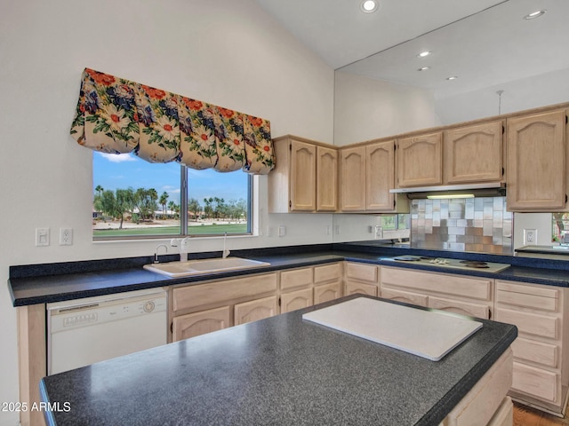 15377 W Catalina Ct, Goodyear, AZ 85395 - kitchen featuring white appliances, light brown cabinetry, dark countertops, recessed lighting, and high vaulted ceiling