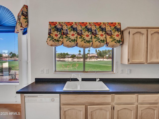 15377 W Catalina Ct, Goodyear, AZ 85395 - kitchen featuring white dishwasher, light brown cabinetry, and dark countertops