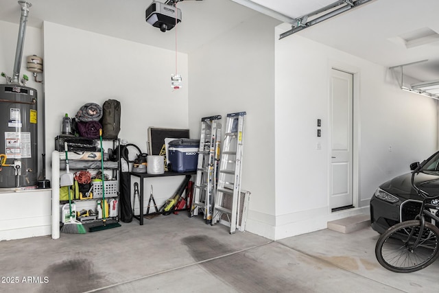 garage with a garage door opener and water heater