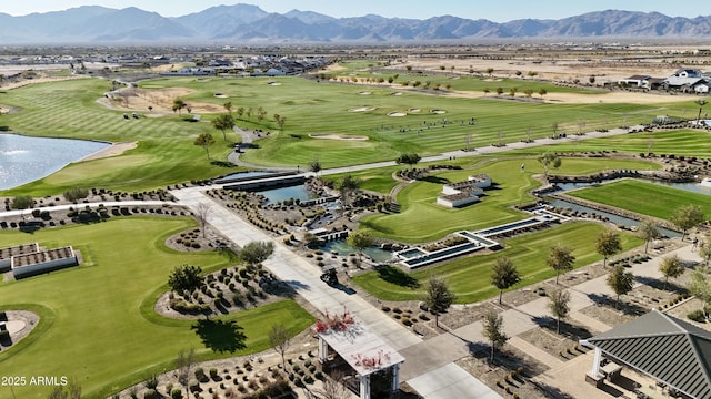 bird's eye view featuring a water and mountain view