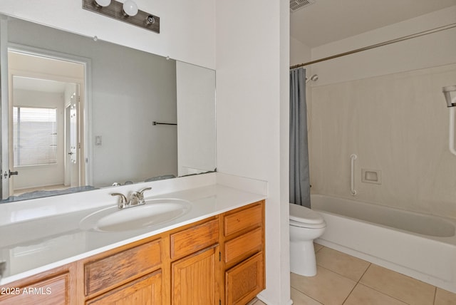 full bathroom with vanity, toilet, shower / bathtub combination with curtain, and tile patterned flooring