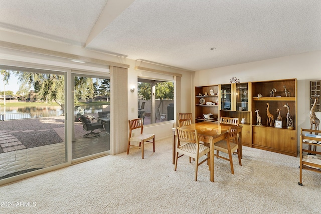 dining room with carpet flooring, a water view, and a textured ceiling