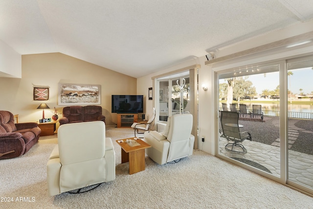 carpeted living room featuring a textured ceiling and lofted ceiling