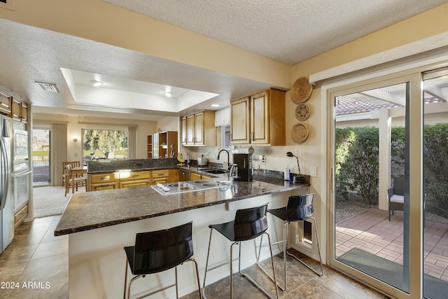 kitchen with kitchen peninsula, a tray ceiling, and a breakfast bar area