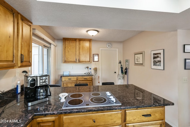 kitchen featuring a textured ceiling, dark stone counters, and electric stovetop