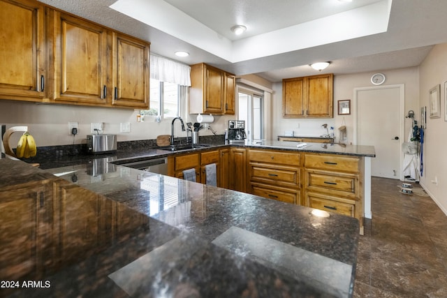 kitchen with a raised ceiling, stainless steel dishwasher, dark stone countertops, and sink