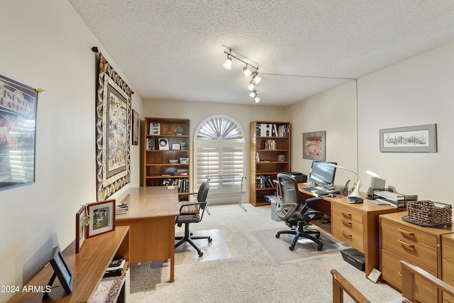 office space featuring light colored carpet and a textured ceiling