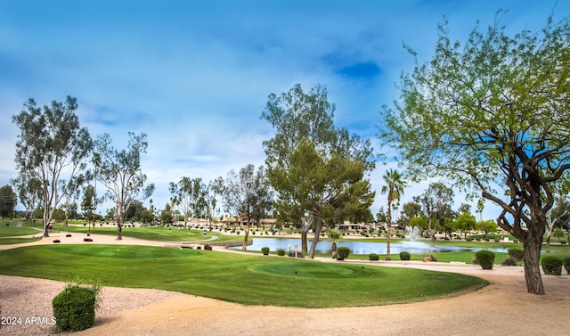 view of property's community with a water view and a yard