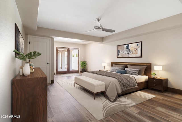 bedroom featuring ceiling fan, access to outside, french doors, and hardwood / wood-style flooring