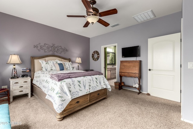 5083 W Buckskin Dr, Eloy, AZ 85131 - bedroom with ensuite bath, visible vents, a ceiling fan, and light colored carpet