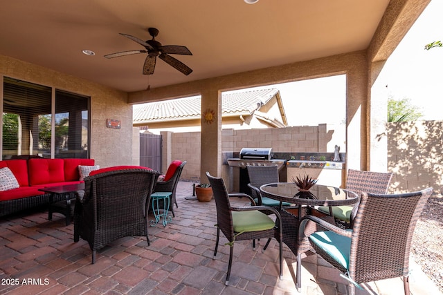 5083 W Buckskin Dr, Eloy, AZ 85131 - view of patio with ceiling fan, fence, outdoor lounge area, and outdoor dining space