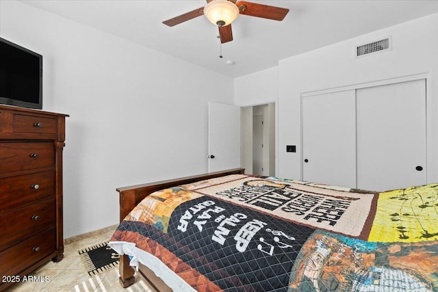 bedroom with ceiling fan and a closet