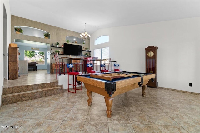 playroom featuring tile patterned flooring, high vaulted ceiling, and billiards