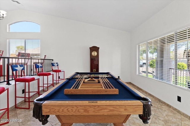 game room with tile patterned flooring, high vaulted ceiling, billiards, and a chandelier