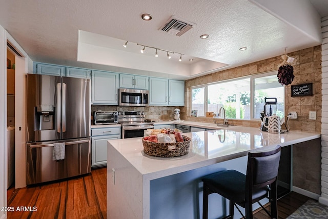 kitchen with stainless steel appliances, a sink, a peninsula, dark wood-style flooring, and light countertops