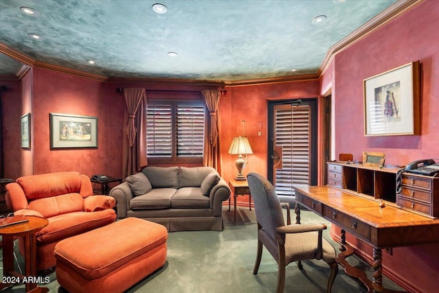 carpeted home office with crown molding