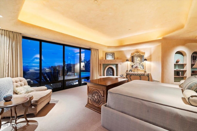 bedroom with a tray ceiling, access to outside, and carpet flooring