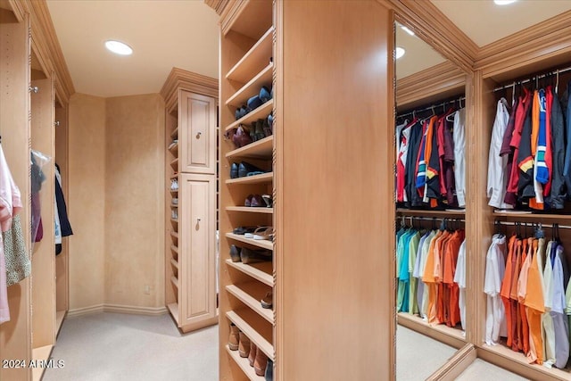 walk in closet with light colored carpet