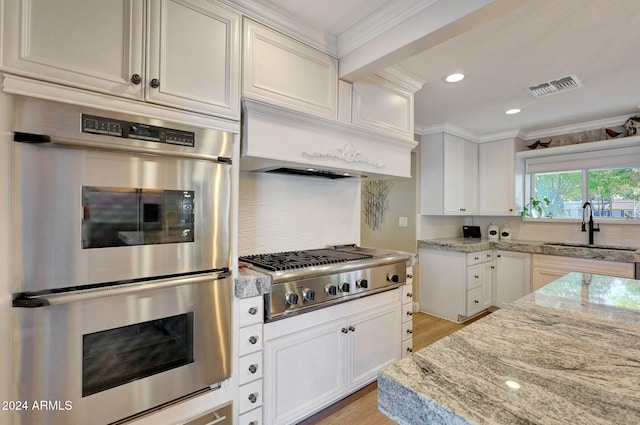 kitchen featuring light stone counters, crown molding, stainless steel appliances, sink, and custom exhaust hood