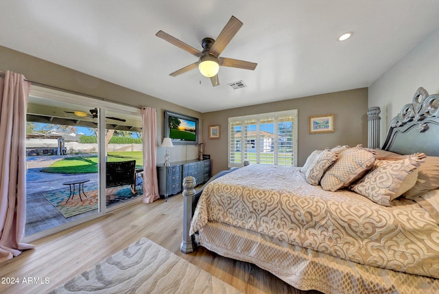 bedroom with ceiling fan, access to exterior, and light wood-type flooring