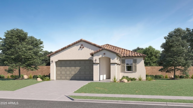 mediterranean / spanish-style house featuring a garage and a front yard