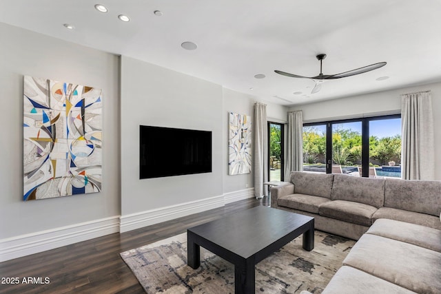 26099 N 88th Way, Scottsdale, AZ 85255 - living room featuring wood finished floors, a ceiling fan, recessed lighting, and baseboards