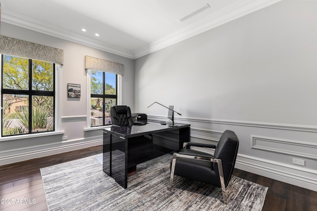 26099 N 88th Way, Scottsdale, AZ 85255 - office area featuring recessed lighting, crown molding, visible vents, wainscoting, and wood finished floors
