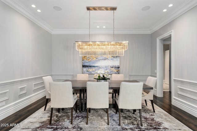 26099 N 88th Way, Scottsdale, AZ 85255 - dining area featuring dark wood-type flooring, a chandelier, crown molding, and recessed lighting