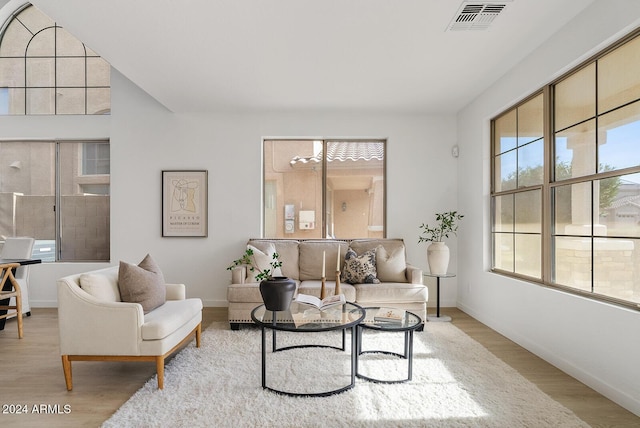 living room featuring a wealth of natural light and light hardwood / wood-style floors