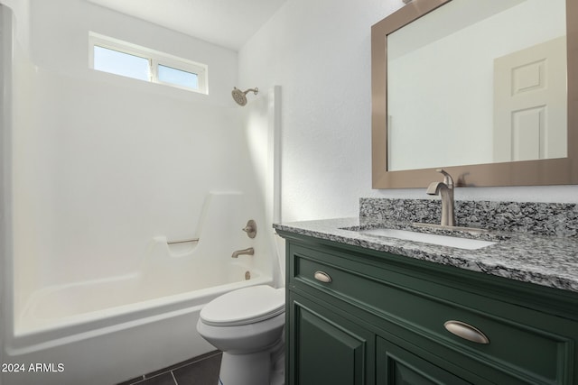 full bathroom with vanity, shower / tub combination, toilet, and tile patterned floors