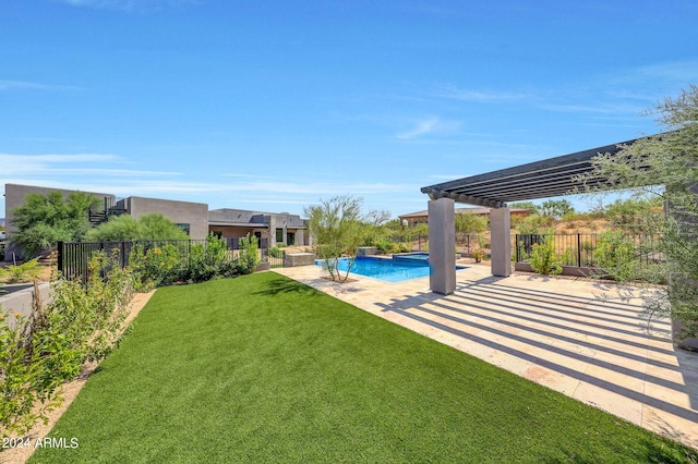 view of yard featuring a pergola, a patio, and a fenced in pool