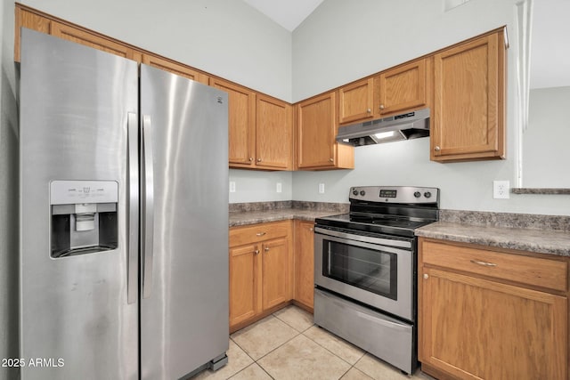 11154 W Ashley Chantil Dr, Surprise, AZ 85378 - kitchen featuring appliances with stainless steel finishes, under cabinet range hood, and light tile patterned floors