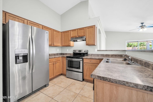 11154 W Ashley Chantil Dr, Surprise, AZ 85378 - kitchen featuring stainless steel appliances, under cabinet range hood, a sink, light tile patterned floors, and a ceiling fan