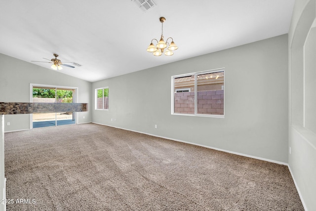 11154 W Ashley Chantil Dr, Surprise, AZ 85378 - unfurnished living room featuring carpet, a chandelier, a ceiling fan, lofted ceiling, and baseboards
