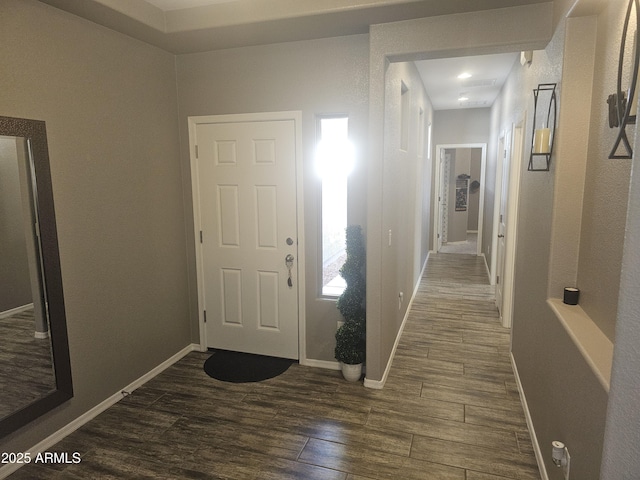 entrance foyer featuring baseboards and dark wood-style flooring