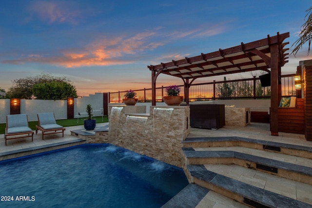 pool at dusk featuring an outdoor hangout area, a water view, a pergola, and a patio