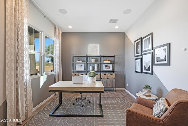 office space featuring dark hardwood / wood-style flooring