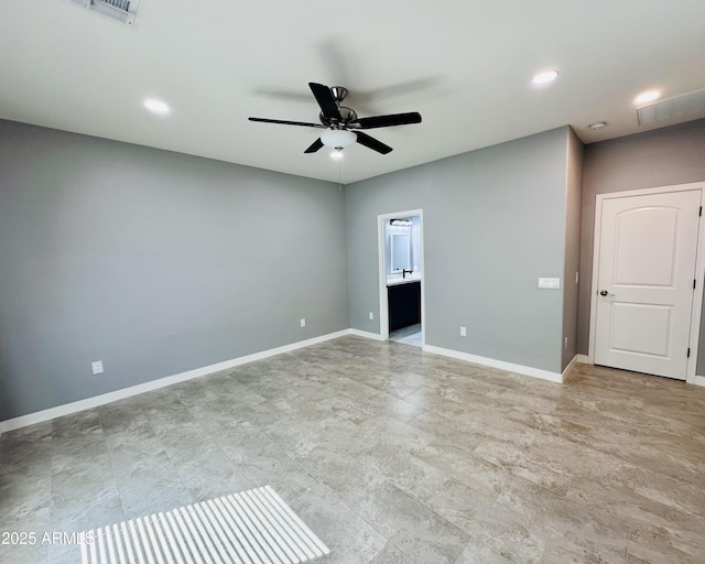 empty room with visible vents, baseboards, recessed lighting, and ceiling fan