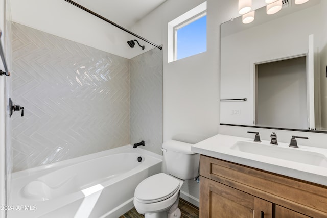 full bathroom with vanity, shower / bathtub combination, toilet, and wood-type flooring