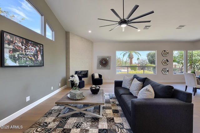 12225 E Cortez Dr, Scottsdale, AZ 85259 - living room with visible vents, baseboards, ceiling fan, recessed lighting, and wood finished floors