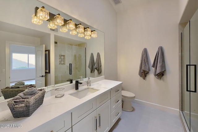 12225 E Cortez Dr, Scottsdale, AZ 85259 - bathroom featuring vanity, baseboards, tile patterned flooring, toilet, and a shower stall