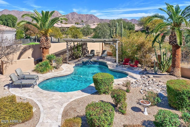 12225 E Cortez Dr, Scottsdale, AZ 85259 - view of pool with a mountain view, a pergola, a fenced backyard, a patio, and a fenced in pool