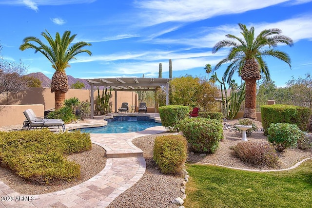 12225 E Cortez Dr, Scottsdale, AZ 85259 - outdoor pool featuring a pergola, a fenced backyard, and a patio area
