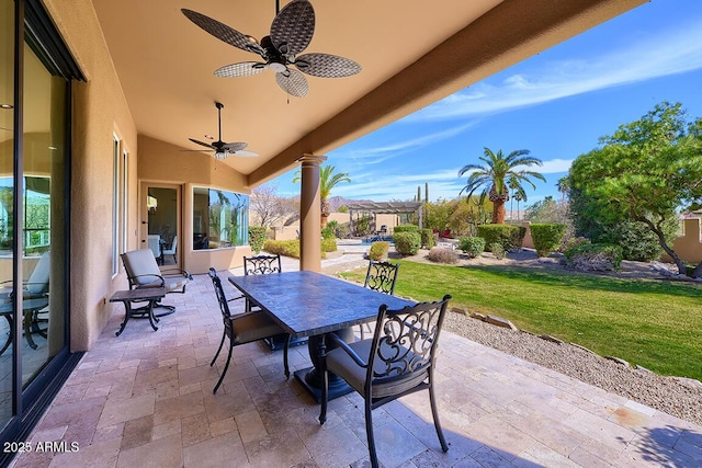 12225 E Cortez Dr, Scottsdale, AZ 85259 - view of patio / terrace with outdoor dining space, ceiling fan, and a pergola
