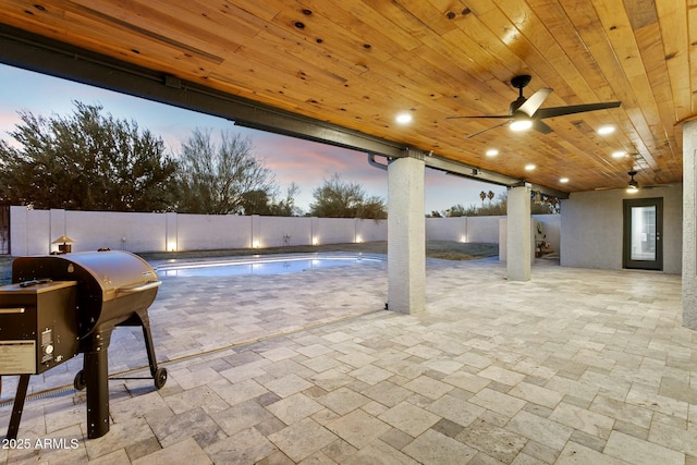 11942 N 95th St, Scottsdale, AZ 85260 - view of pool with a fenced backyard, ceiling fan, area for grilling, and a patio area